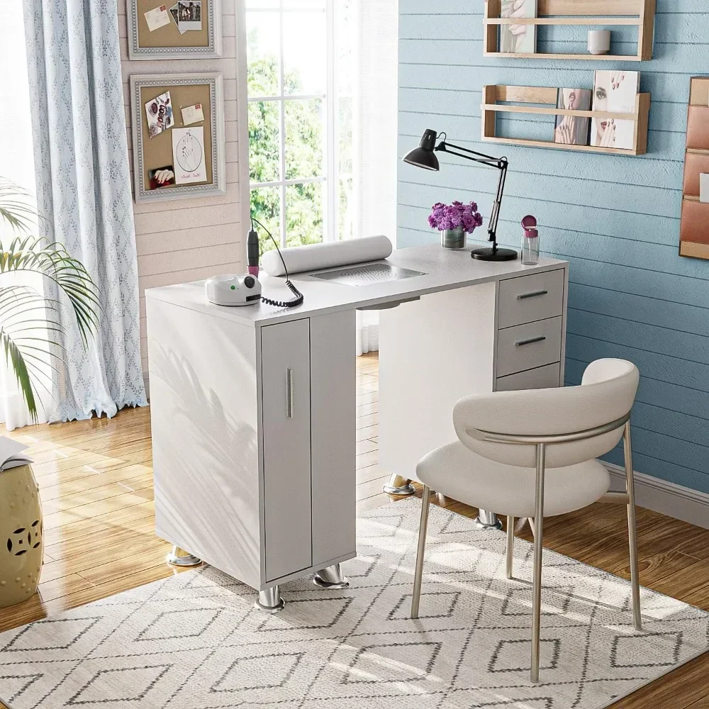 Manicure Table, Nail Tech Desk with Dust Collector, Acetone Resistant Nail Table Station with 2 Dust Bag & Wrist Rest