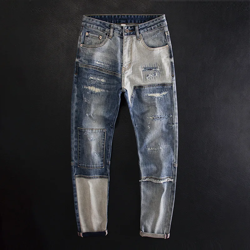 

Ripped Patchwork Color Block Trendy Jeans for Men Slim Fit Stretch High-end Motorcycle Versatile Fashion Pants