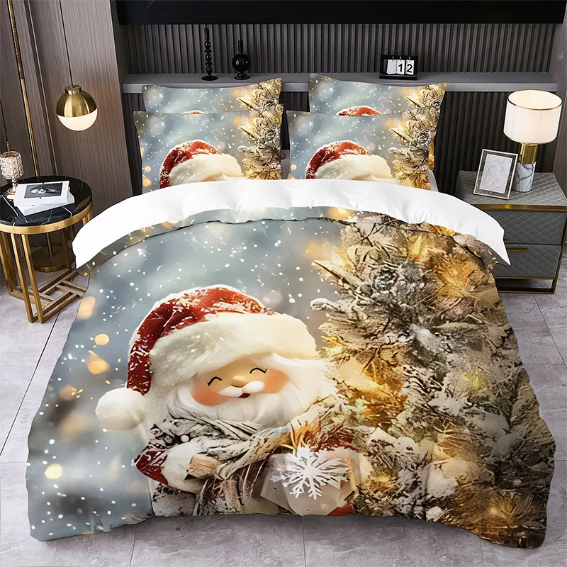 Brushed Printed Duvet Cover Set Santa Claus Quilt Cover Pillowcase 2pcs/3pcs Christmas Tree Christmas Theme All Size Bedding