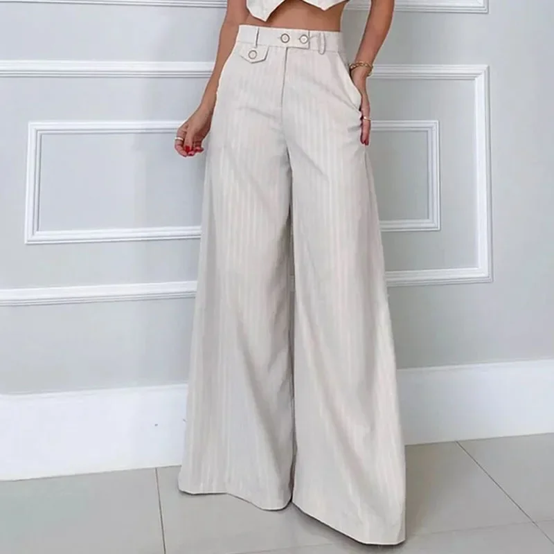 Striped Vest Top & Cuffed Pants Set Women Pant Sets Wide Leg Two Piece Suit Single Breasted High Waist Elegant Trousers Suits