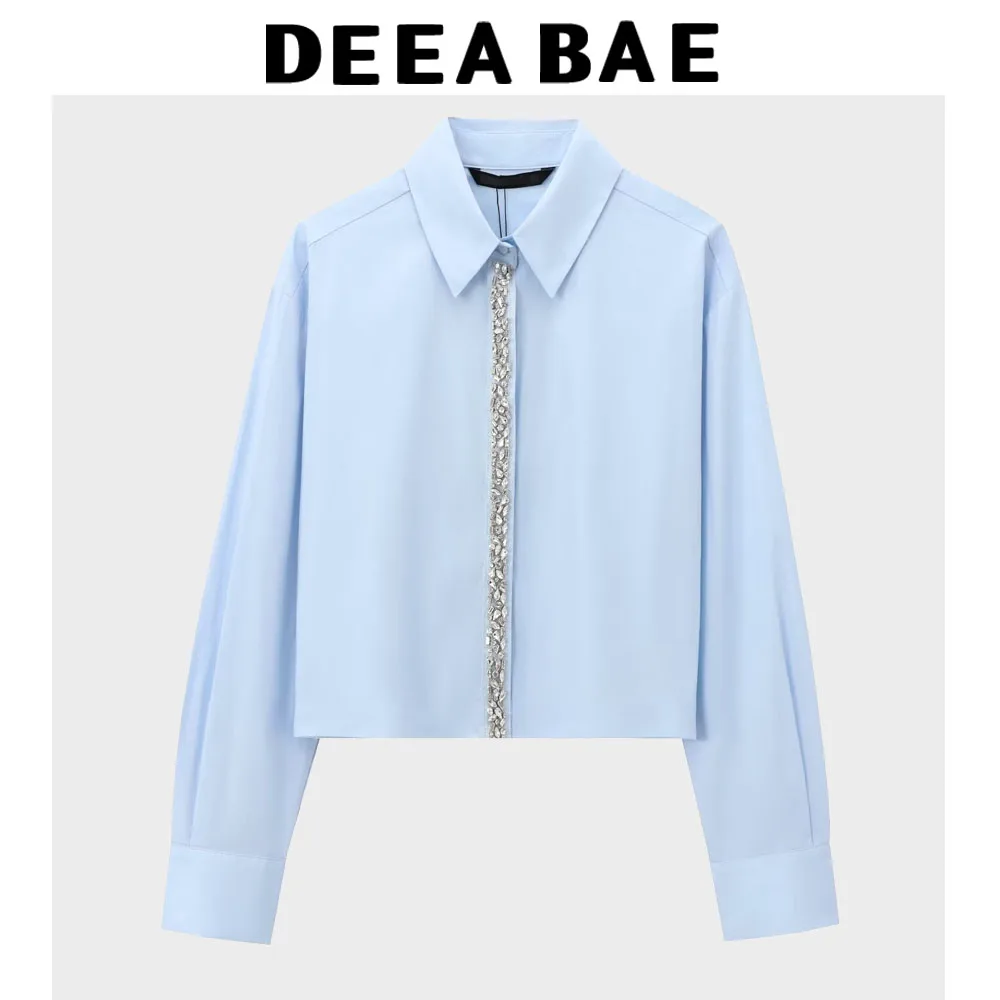 DEEABAE Women's Clothing Offers With Free Shipping Casual Lapel Long Sleeve Jeweled Poplin Short Shirt