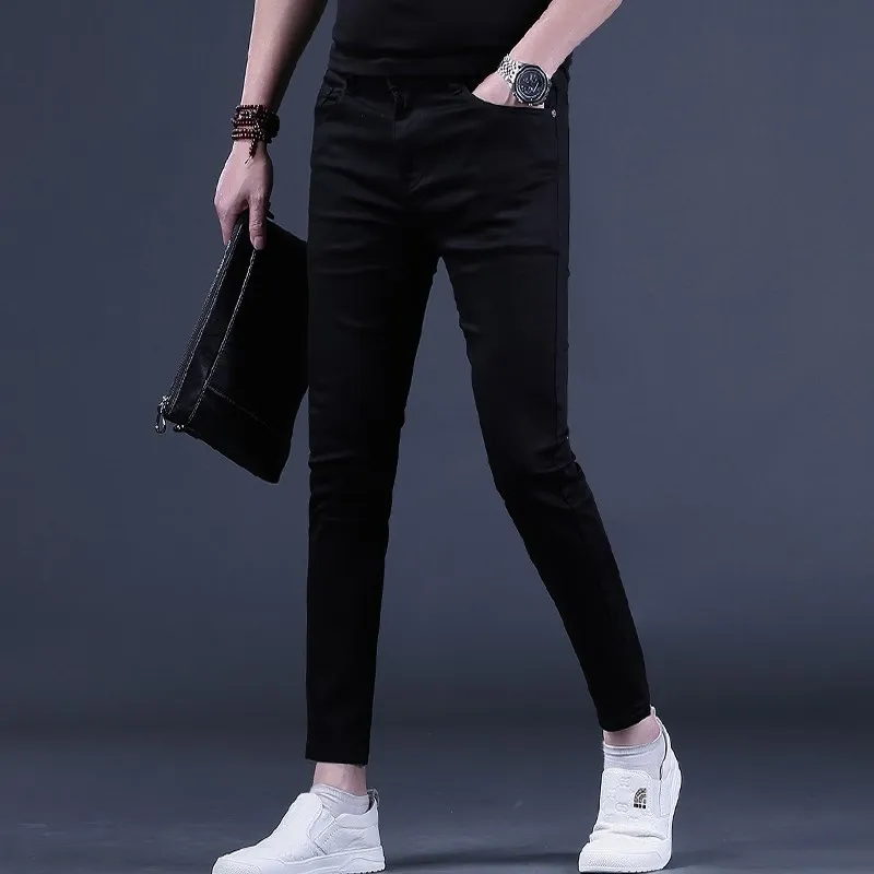 

Pure Black Men's Jeans Slim Fit 9-Piece Casual Summer Trendy Brand mid Waist Zipper Pocket Stone Washed Slim Leggings