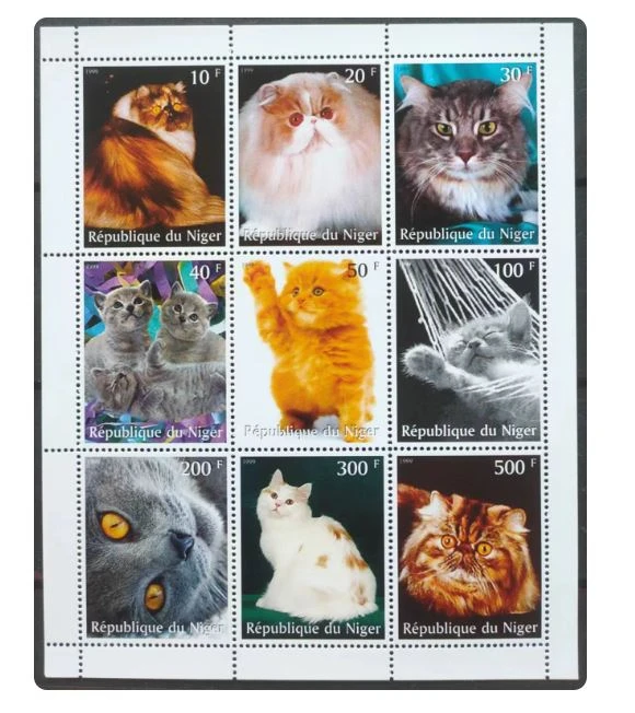 Niger Post Stamps Y1999 Weltberühmte Katzen, Haustiere, niedliche kleine Katze, 1 Set, 9 neue Briefmarken zum Sammeln, Material für Scrapbooking – Detail 1