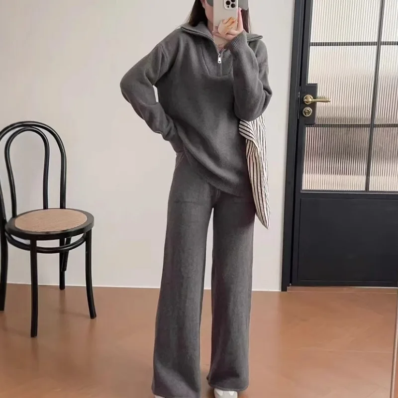 

Casual Loose Knitting Sets New Zipper Mock Neck Long Sleeve Solid Pullover+Elastic Waist Pants 2-piece Suit New Thickened Sets