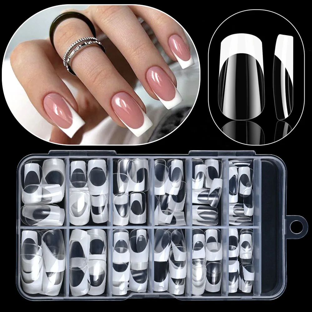 

120 шт. белых изогнутых коротких накладных ногтей с полным покрытием, прозрачные белые французские квадратные искусственные ногти, готовые к нанесению, накладные ногти.