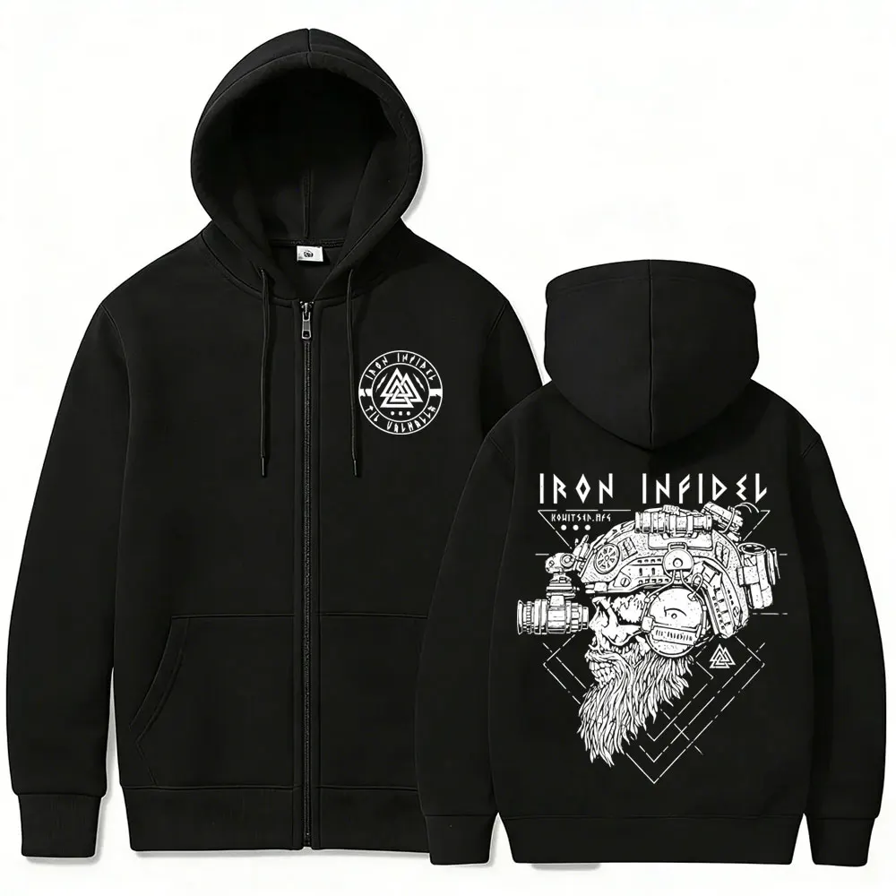 

Til Valhalla American Beard Warrior Tactical Skeleton Zipper Hoodie Men Women Fleece Cotton Zip Up Jacket Oversized Streetwear