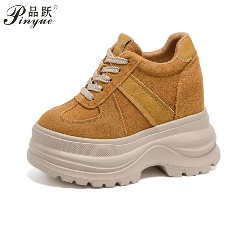 11cm Chunky Platform Sneakers for Fall Spring Heel Height Genuine Leather Suede Elevator Shoes Petite Thick-soled casual shoes