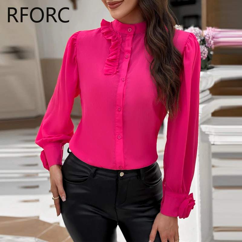 Blusa con estampado de hongos en el árbol para mujer, blusa con cuello levantado, decoración tridimensional Floral, rosa roja, 2023