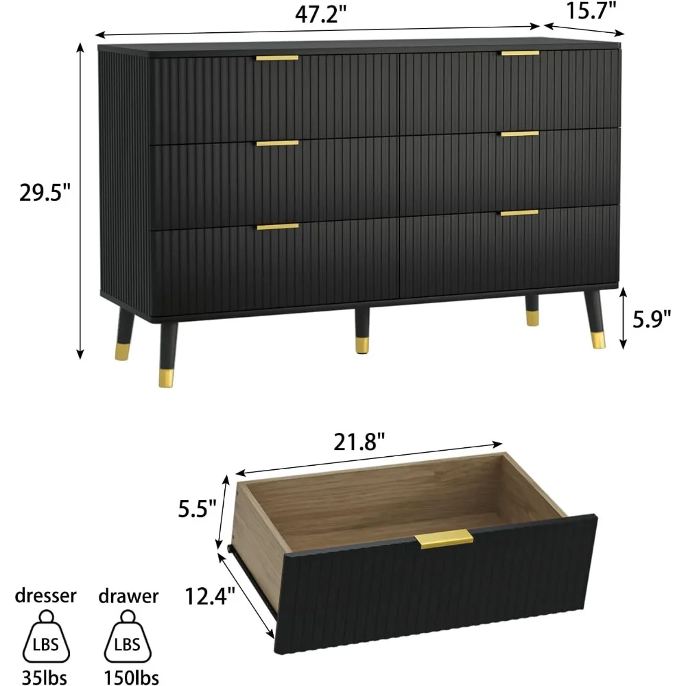 Cassettiera scanalata per camera da letto, cassettiera moderna in legno con maniglie in metallo dorato