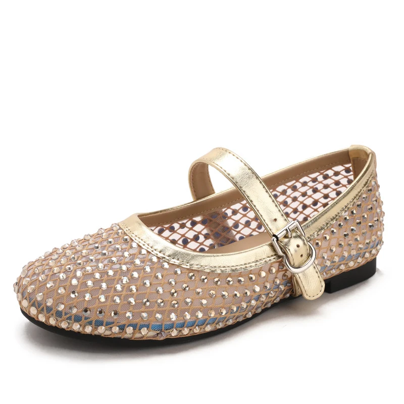 

French-style rhinestone mesh Mary Jane shoes, breathable shallow single shoes for spring and summer, fairy-style soft-soled flat