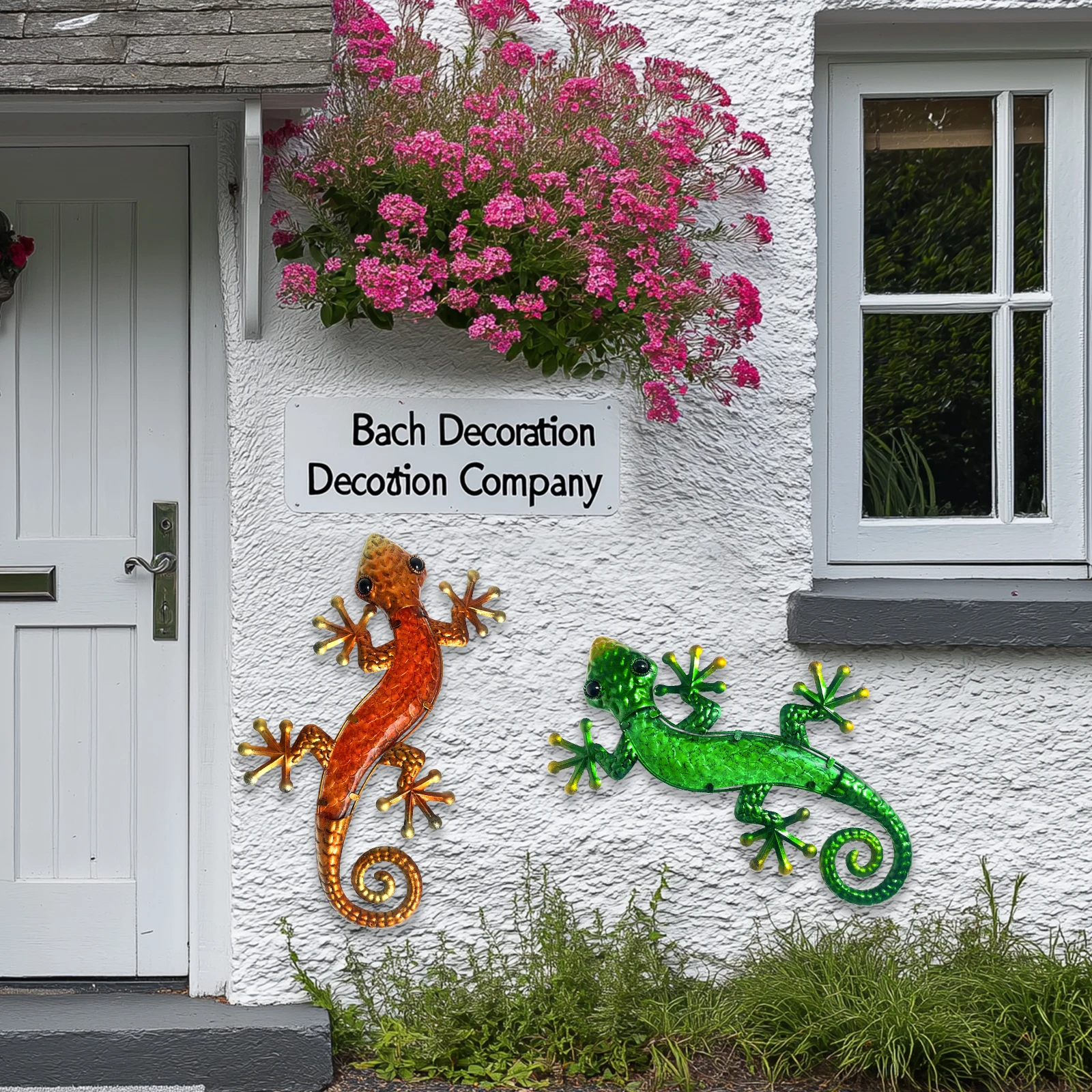 Metal Gecko Wall Art- 15 Inch Lizard Outdoor Decor Hanging Glass Sculpture, 2 Pack Gecko Wall Art Decorations for Garden Fence