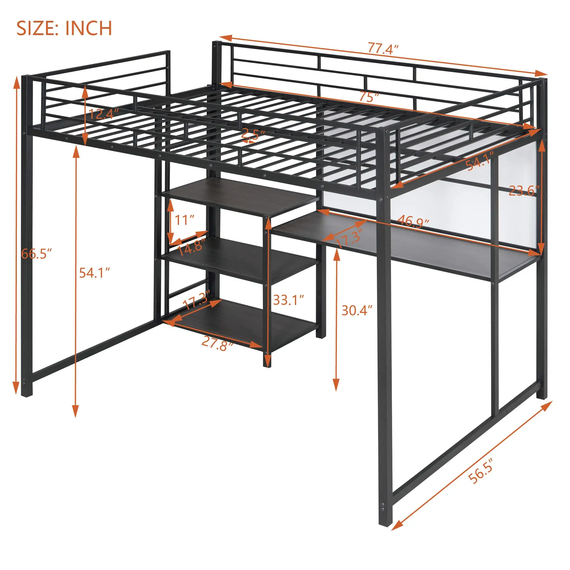 Metal Loft Bed with Desk & Whiteboard - Full Size, 3 Shelves & Ladder, Stylish Black Finish