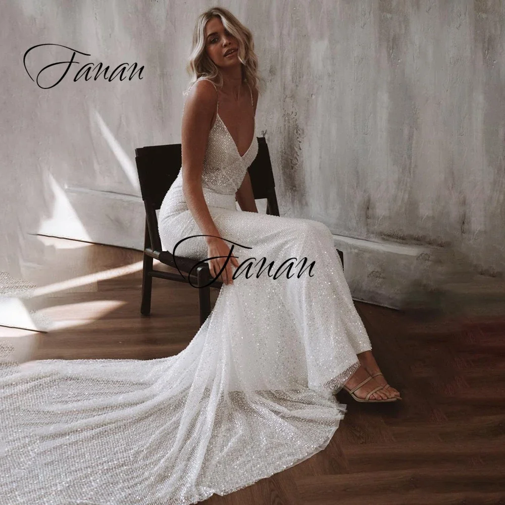 Customized Glittery V-Neck Sexy Spaghetti Straps Wedding Dress Mermaid Backless Sleeveless Bridal Gown robe de soirée  mariage п