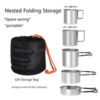 5Pcs Outdoor Cooking Set Portable Hiking Camping Picnic Cookware Suit 304 Stainless Steel Water Cup Pot with Folding Handle