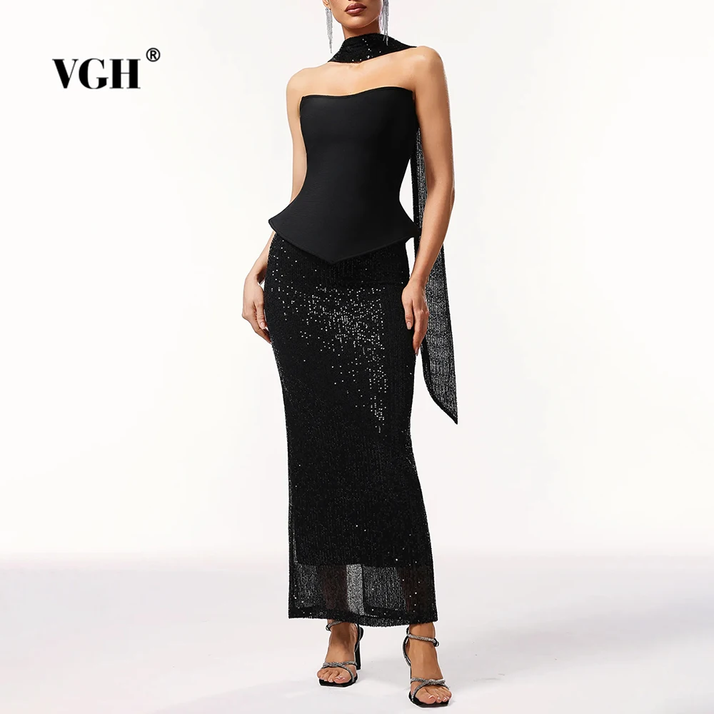 

VGH сексуальный комплект из двух предметов для женщин, топ без бретелек без рукавов, высокая талия, облегающая длинная юбка с блестками, вечерний наряд, женский