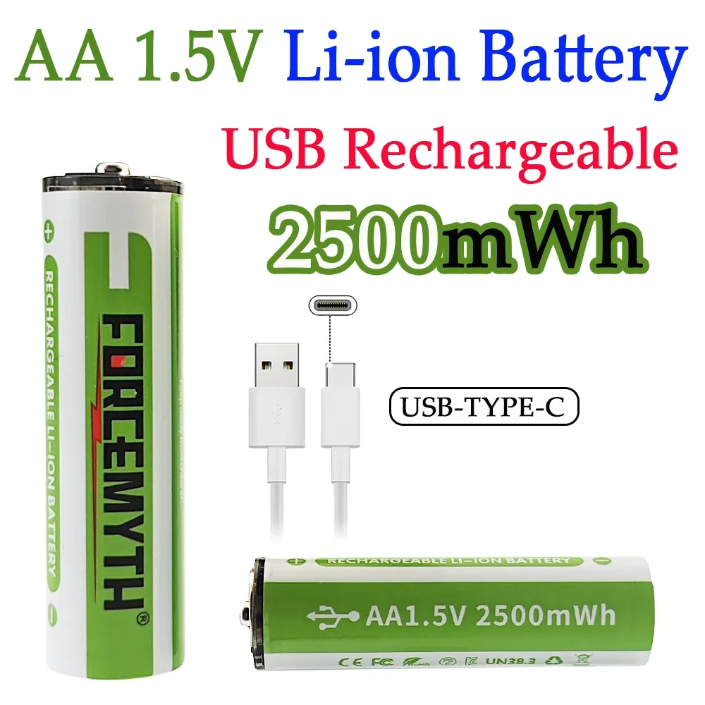 

USBR AA1.5V 2500mAh echargeable lithium-ion battery, large capacity AA1.5V 2500mAh USB fast charging