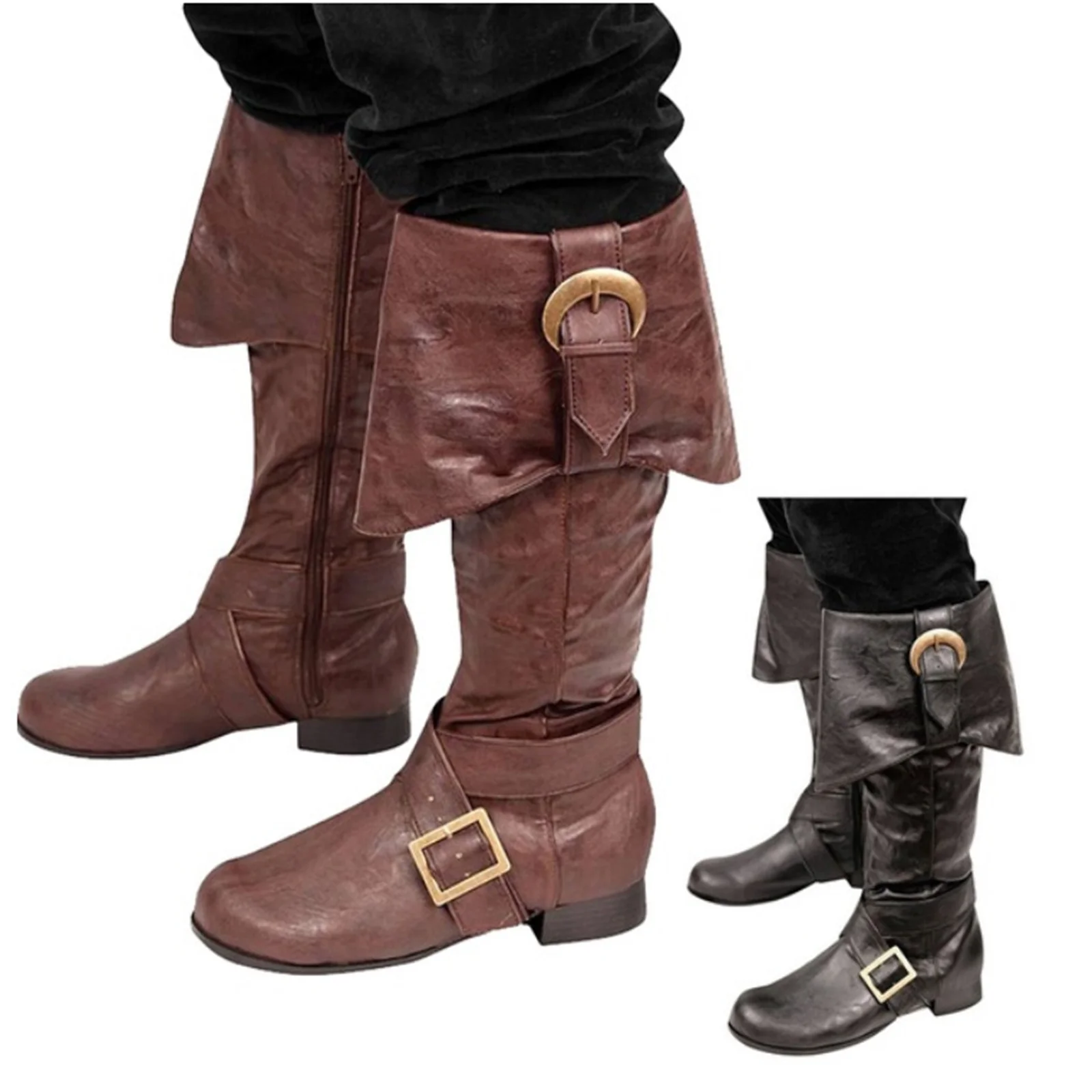 

Mens Renaissance Boots Belt Buckle Medieval Leather Boots Pirate Steampunk Riding Long Boots for Halloween Party