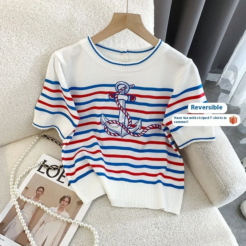 Striped Embroidered Knitted Shirt Women\'s Round Neck Short Sleeve Double Wearable T-shirt Knitted Shirt 2024 Summer New Edition