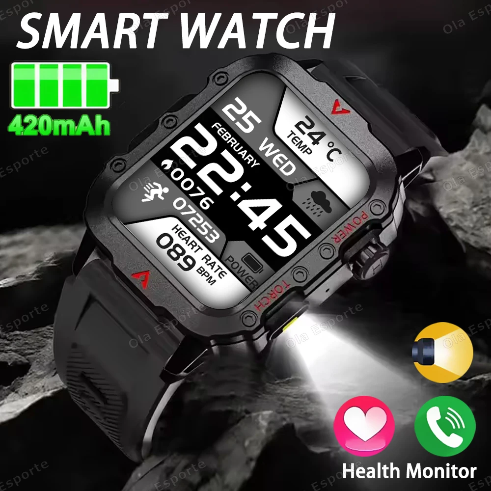 

New LED Flashlight Smartwatch Men Bluetooth Call Heart Rate Health Monitor AI Voice Waterproof Sports GPS Tracker Smart Watches
