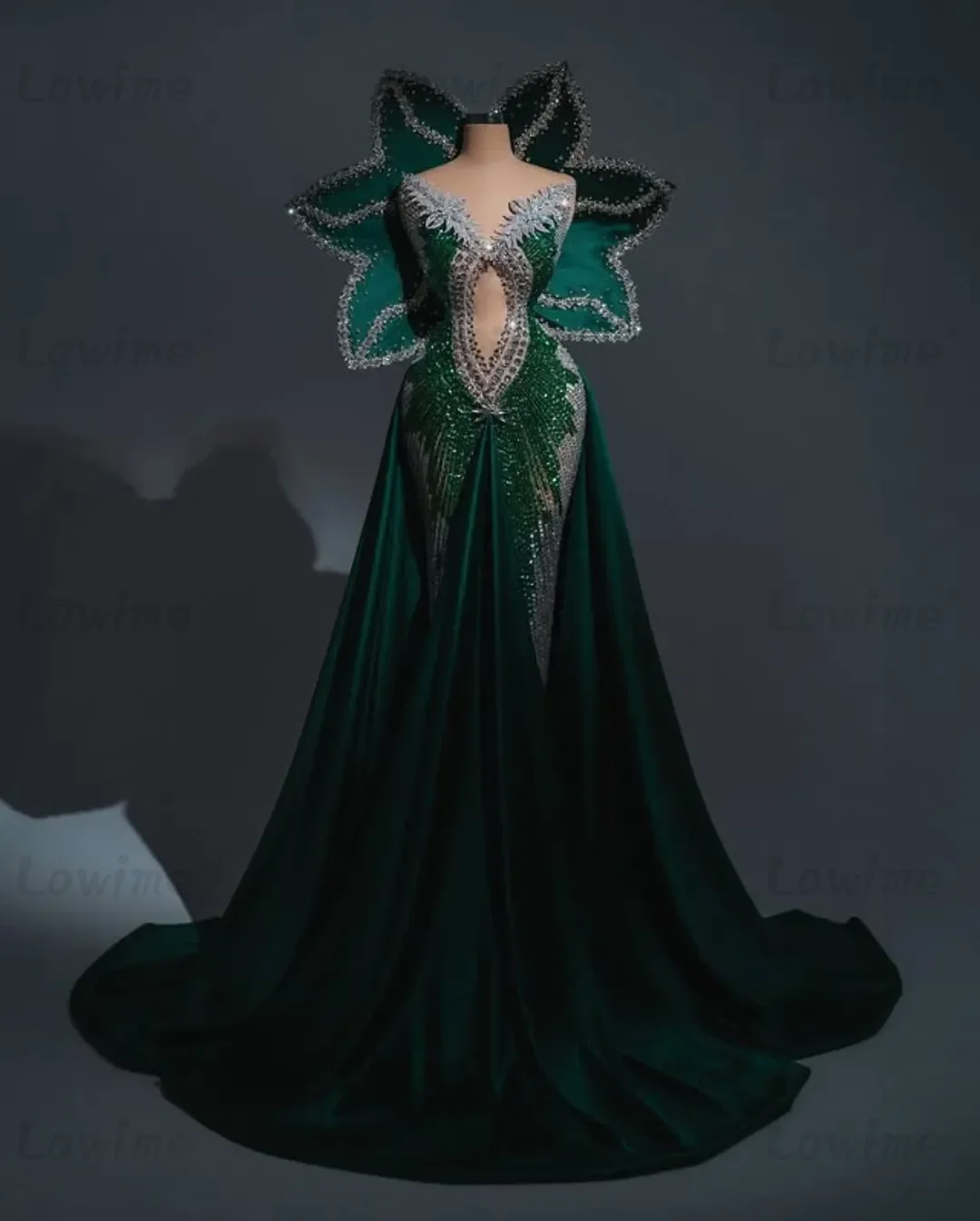 

2025 Luxury Emerald Green Mermaid Prom Dresses Long Overskirt Women Wedding Party Gowns Full Crystals Pageant Dress Customized