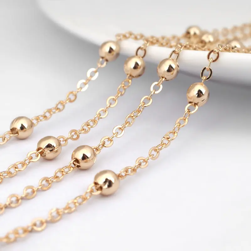 18K Gold Color Brass Station Ball Beads Flat Oval Chains High Quality Diy Jewelry Making Supplies Accessories for Women