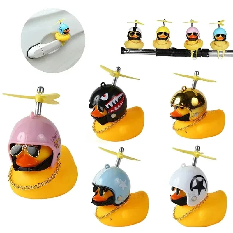 Capacete de animal de pato estridente de bicicleta e pato de borracha de bicicleta com hélices estridentes, decoração de painel de carro de bicicleta