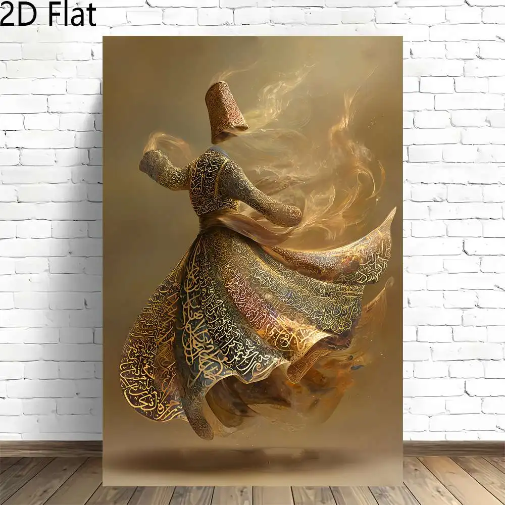 2D Flat, 2D Flat, 2D Flat 1pc, Whirling Dervish in Calligraphy Robe with Golden Light Frameless Canvas Artwork for Home And O