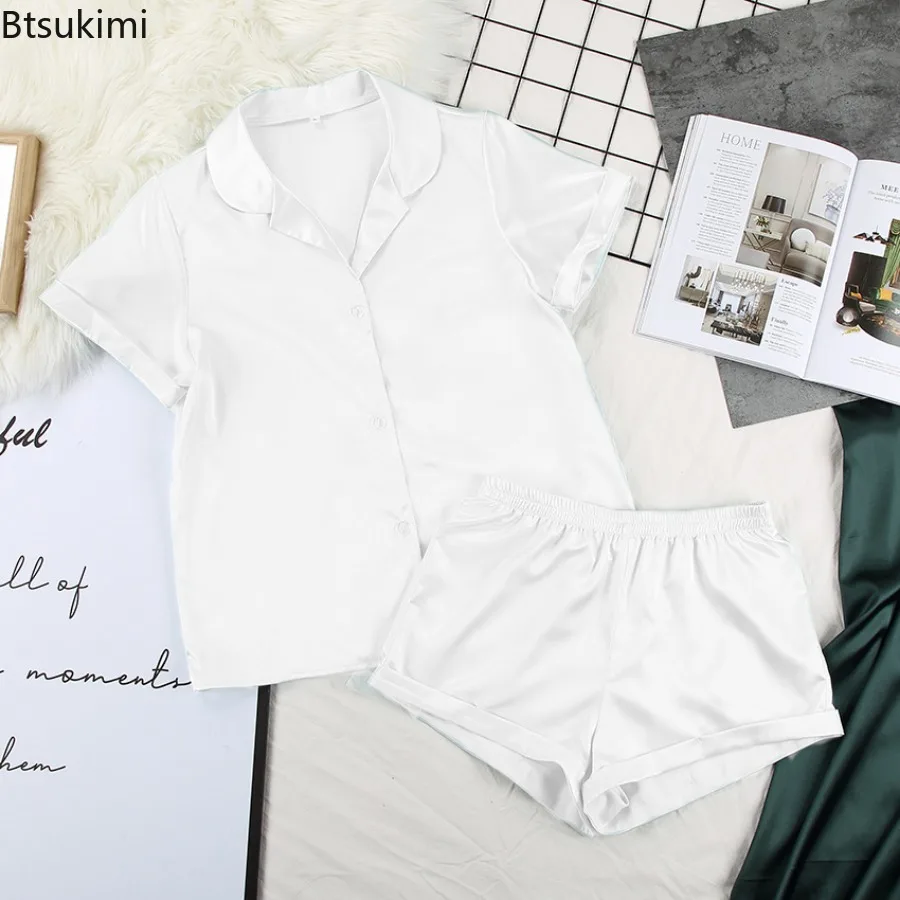 Solid Color Satin Pajamas with Shorts Sleepwear Suit Silk Pyjama for Women Short Sleeve Casual Pajama Sets Women Summer Homewear