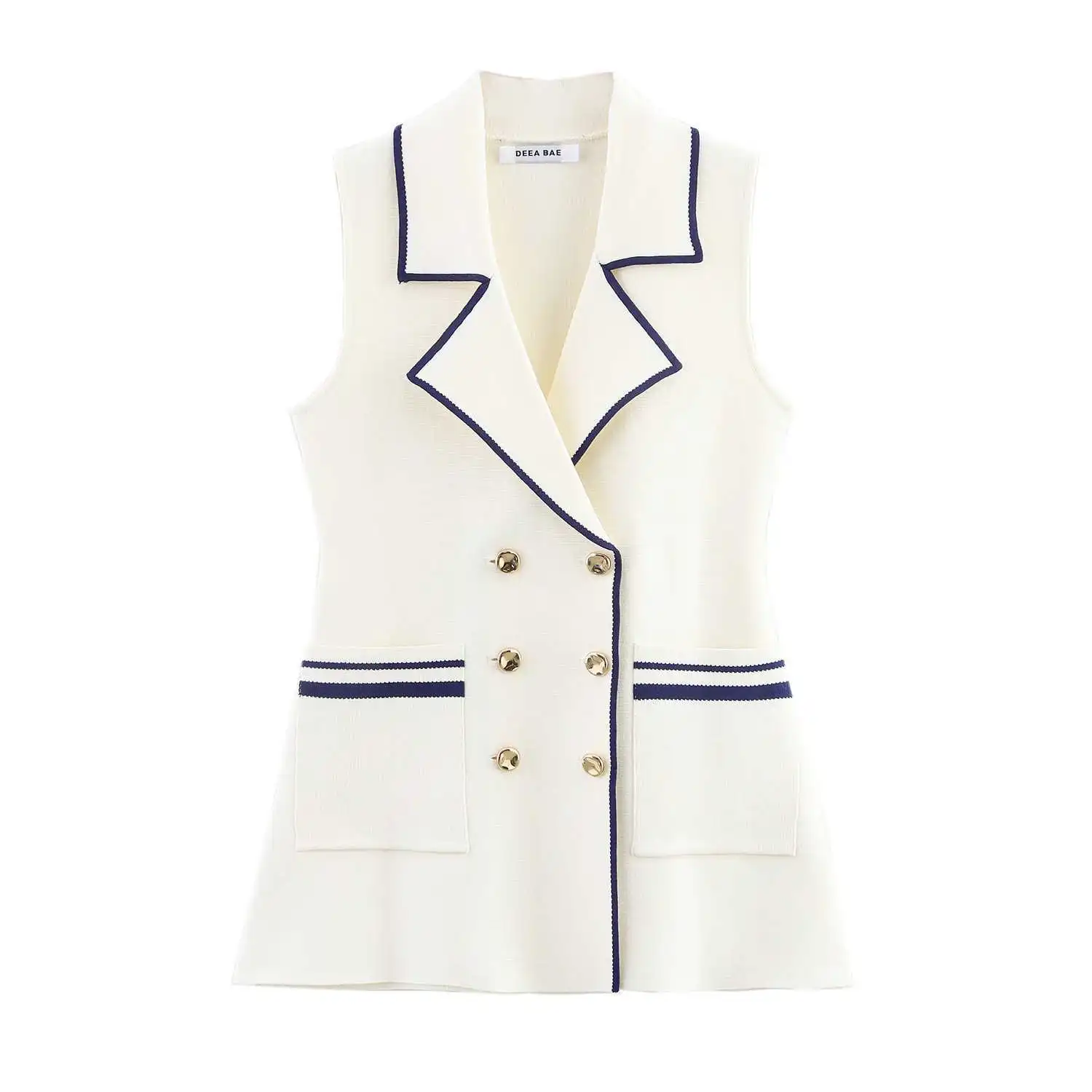 

Повседневный вязаный блейзер, жилет, топы, женские топы без рукавов с v-образным вырезом и двойными пуговицами, модный 2022, лето-осень, прямой элегантный жилет