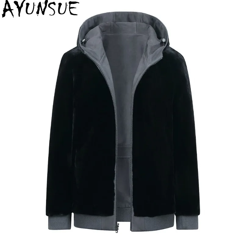 AYUNSUE High-end Real Fur Coat Man Winter Whole Mink Fur Liner 100% Cowhide Genuine Leather Jacket Men Hood Reversible Fur Coats