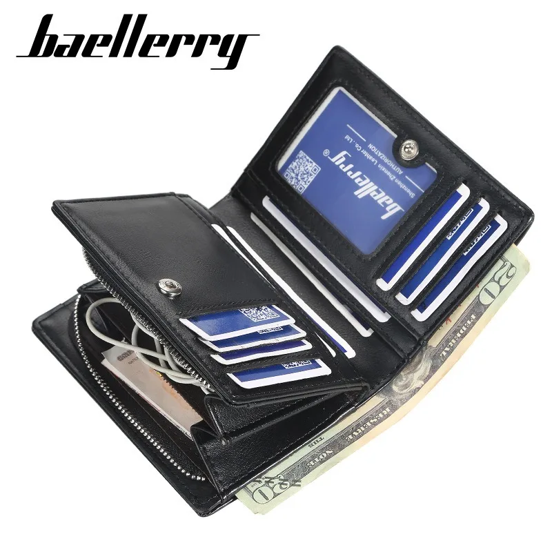 Baellerry Men PU Leather short Wallet With Zipper Coin Pocket Vintage Big Capacity Male Short Money Purse Card Holder