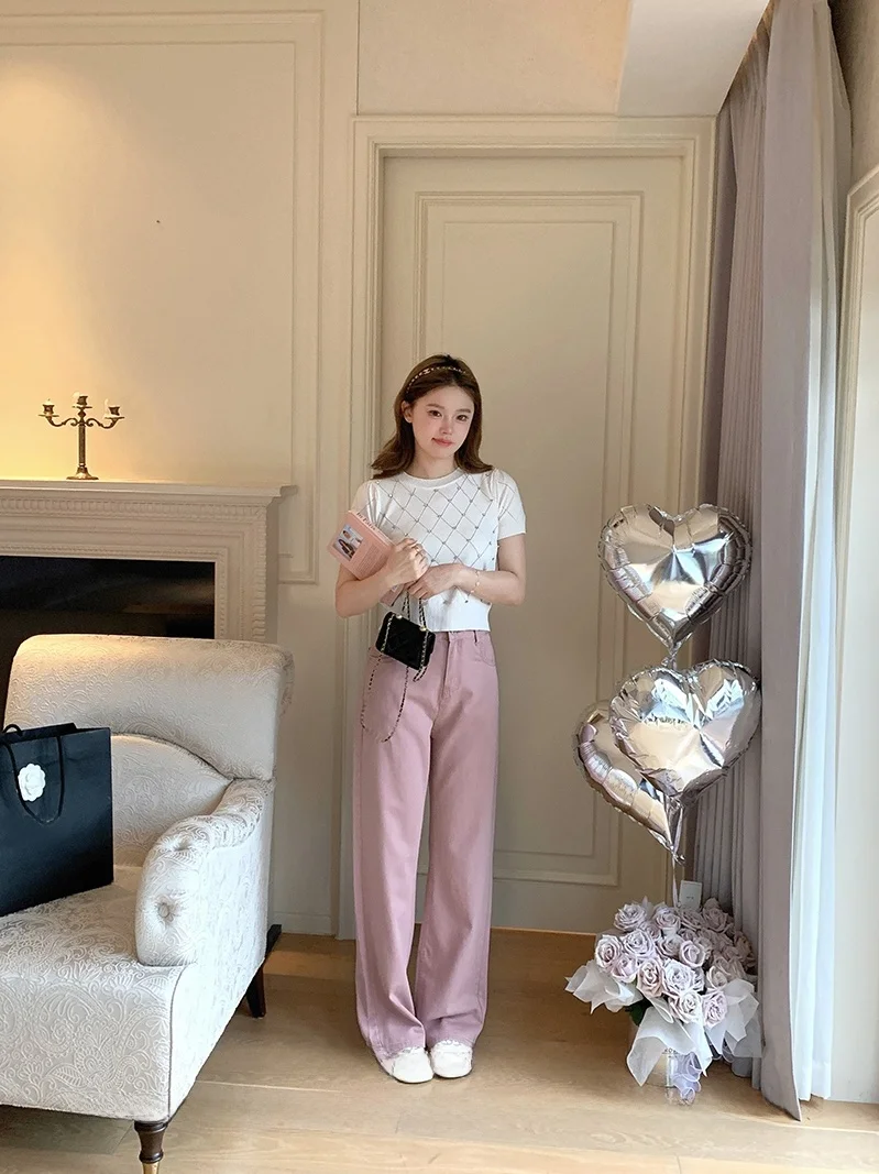 

High Waist Washed Casual Jeans Women's Loose Straight Vintage Long Pants Pink Faded Treatment Spring Collection