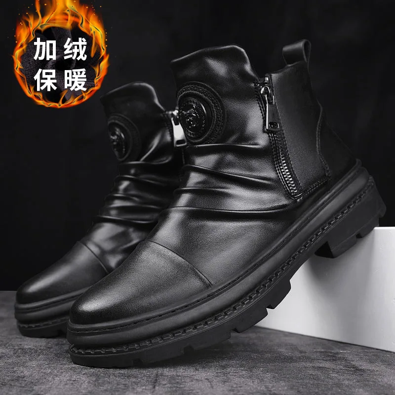 Winter Short Boots Men's High Top Plush Tactical Military Boots Korean Edition Versatile British Style Men's Leather Boots