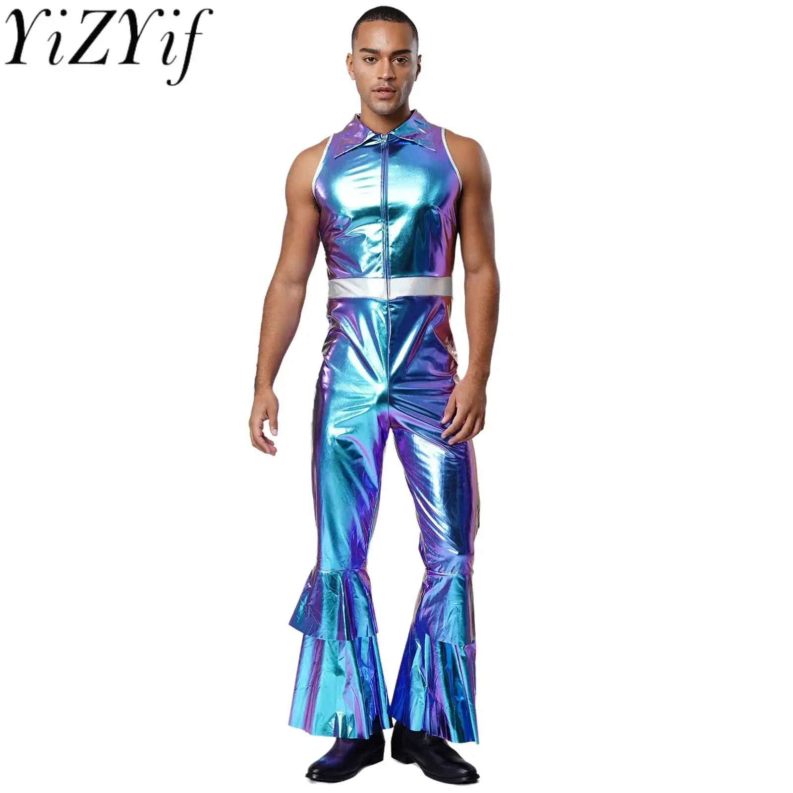 

Men's Fashion Metallic 70s Disco Jazz Waltz Dance Performance Jumpsuits Disco Party Hippie Singer Stage Performance Rompers