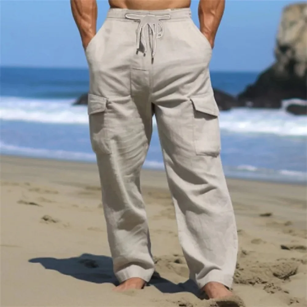 

Outdoor Summer Men's Drawstring Straight Cylinder Solid Color Everyday Breathable Linen Multi-pocket Comfortable Cargo Pants