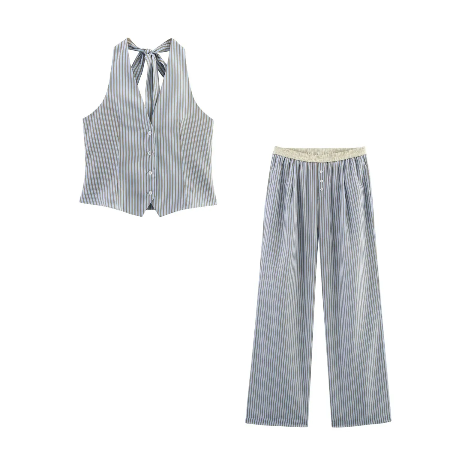

2025 New Women's Clothing European and American Style Fashion Halter Collar Single-Breasted Sleeveless Slim Striped Vest