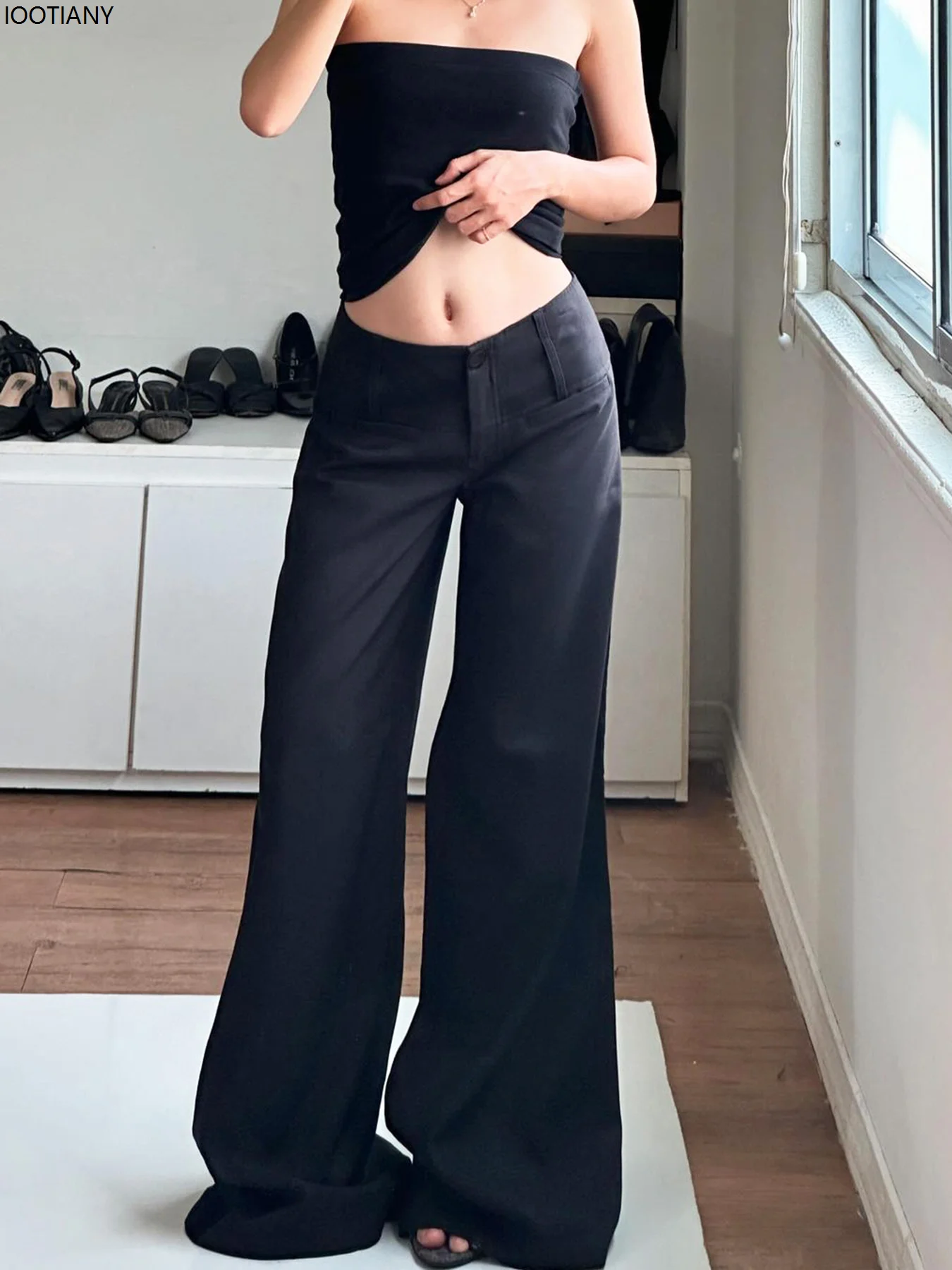 Women's Black Wide-leg Suit Pants Korean Style Fashion Low-rise Casual Loose Pants Y2k Street Fashion Basic Versatile Pants
