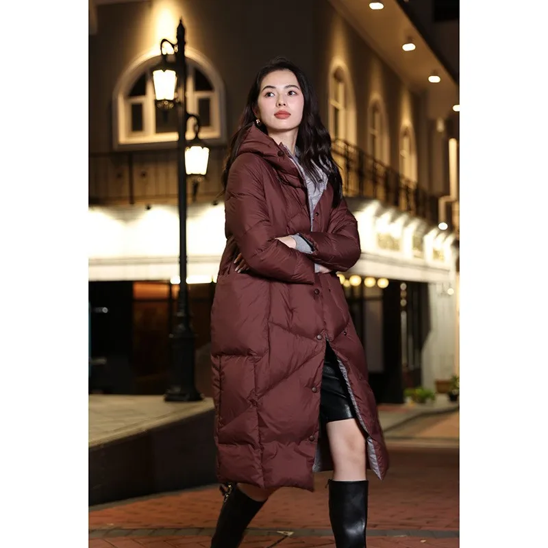 سترة نسائية متوسطة الطول لخريف وشتاء 2025 جديدة بغطاء للرأس سميكة وفضفاضة على شكل شرنقة زرقاء #4