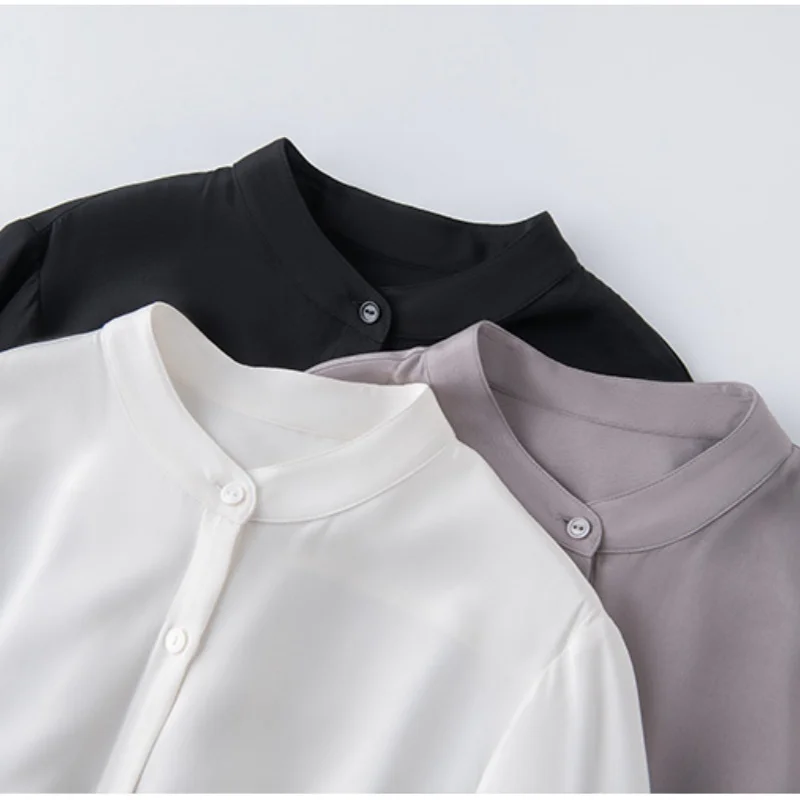 Birdtree, blusa lisa de 100% seda de morera 7% LICRA, Tops de un solo pecho de crepé pesado para mujer, camisa con cuello levantado, novedad de 2025 T5D625JF