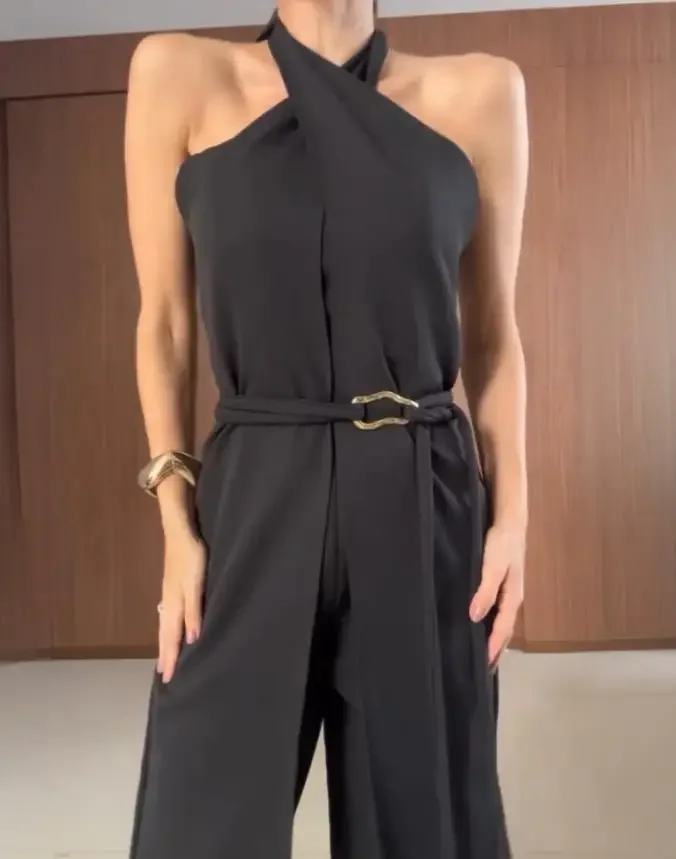 

CPSYMYM Two Piece Set Women Outfit Summer New Plain Halter Cold Shoulder Front Slit Tied Detaill Top & Casual Business Pants Set