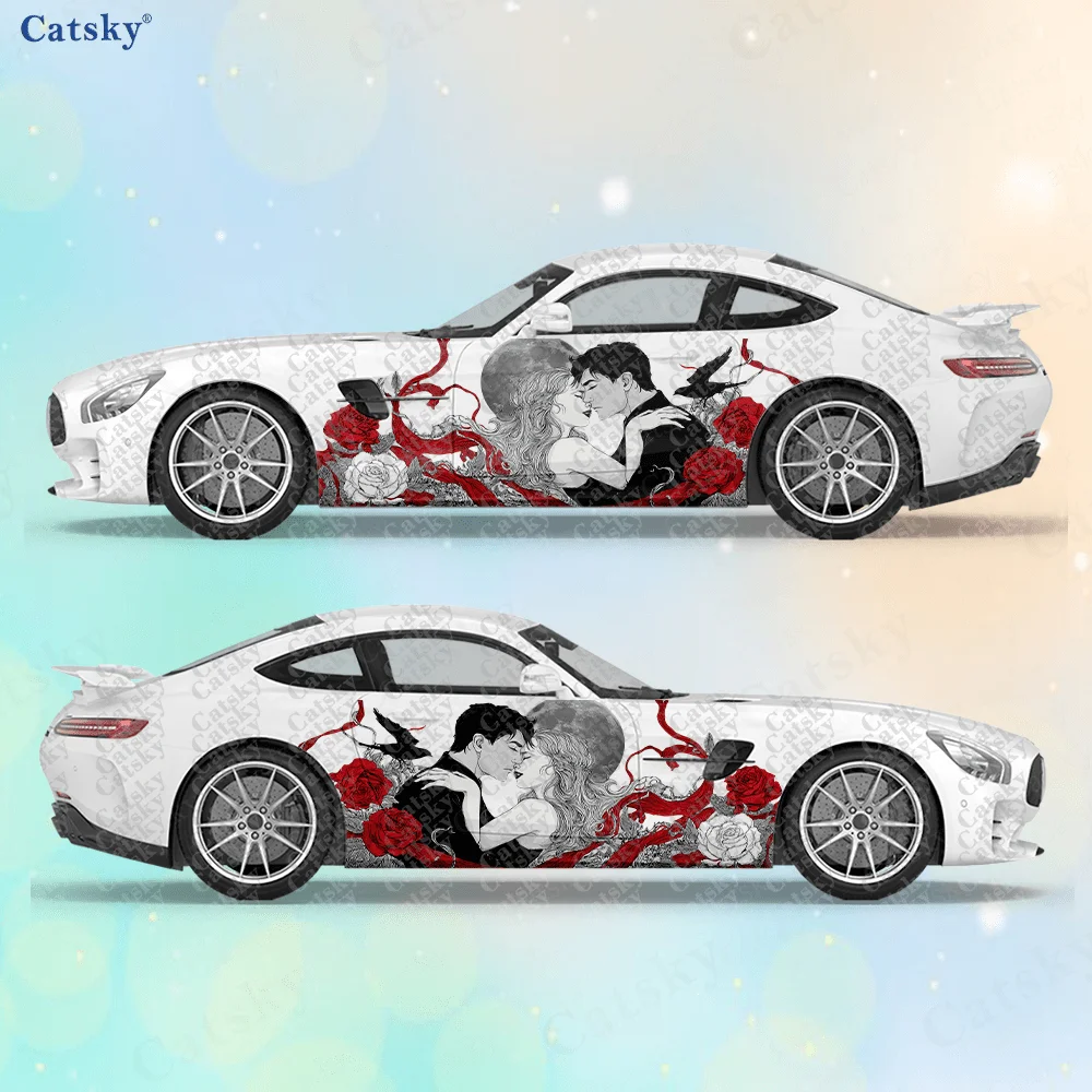 

2pcs Couple Kiss Under Moonlight Car Side Car Wrap, Self-Adhesive PVC Waterproof & Scratch-Resistant Sticker, Car Accessory Gift