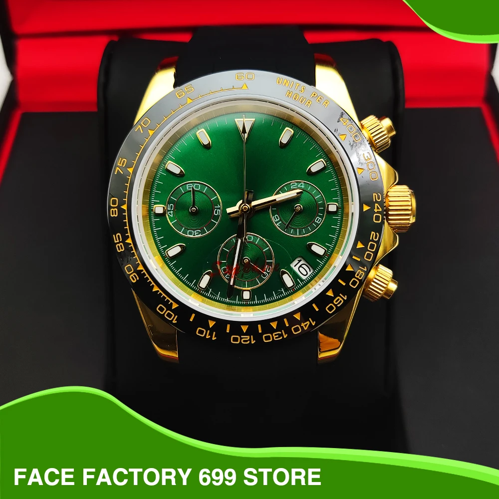 

Luxury Green Gold Three Eyes Chronograph Panda Aseptic Dial Luminescent Quartz Watch VK63 Caliber Sapphire Glass Men's Watch