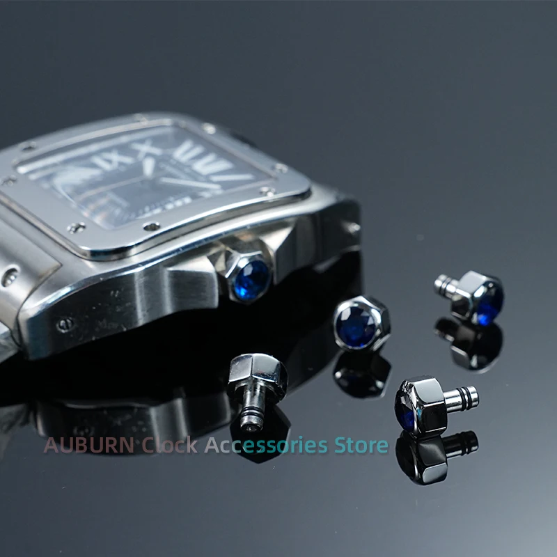 Watch Head Crown Blue Sapphire Accessories For Cartier Santos Men's 304L Steel Time Setting Button 7mm x 2.5mm watch Crown Parts