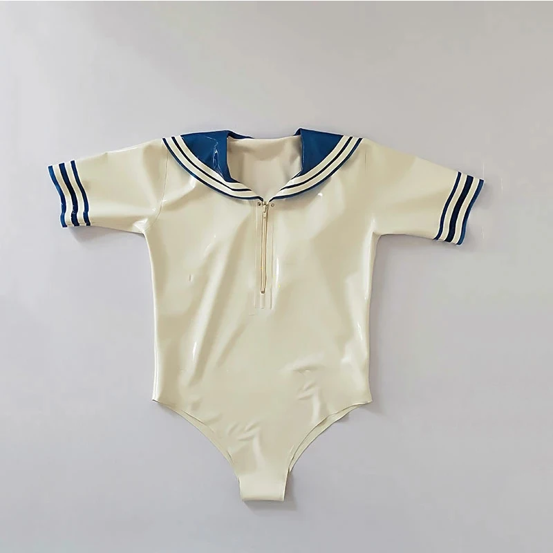 

100% Natural Latex Swimsuit Sailor Dresses White with Blue Catsuit Sexy Fetish Customized for Women