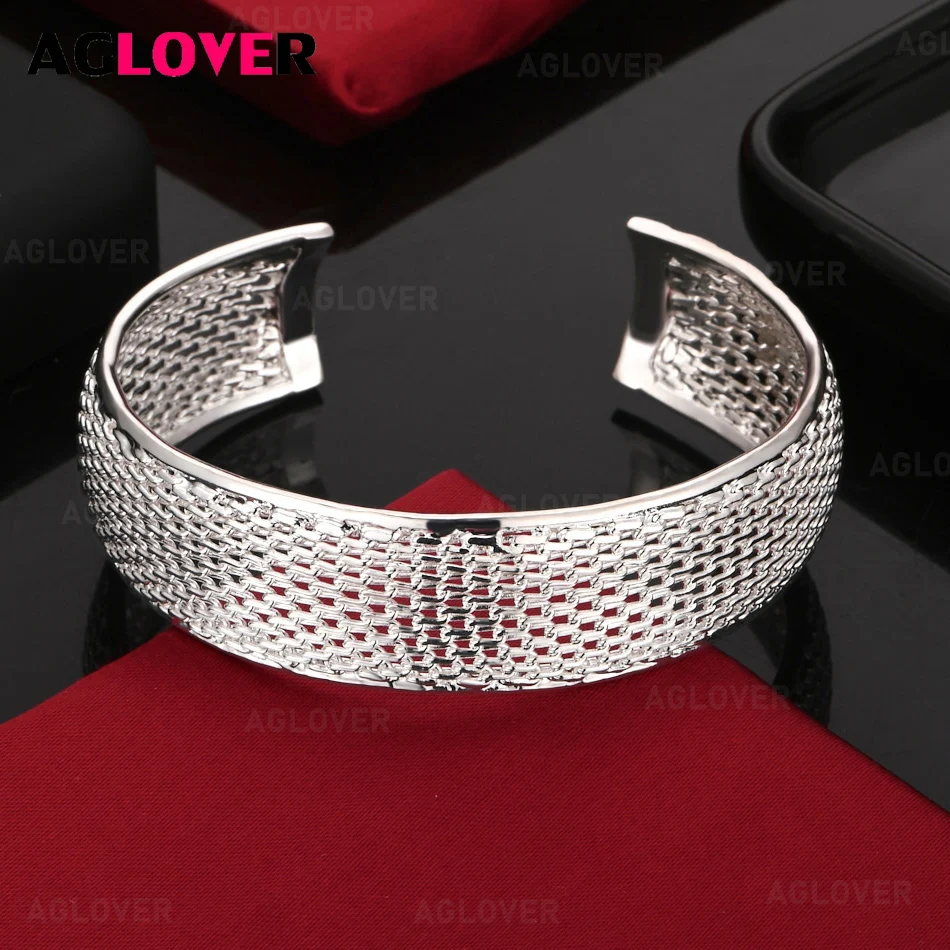 

AGLOVER 925 Sterling Silver Retro Mesh Open Bracelet Noble Versatile Women's Birthday Gift Jewelry