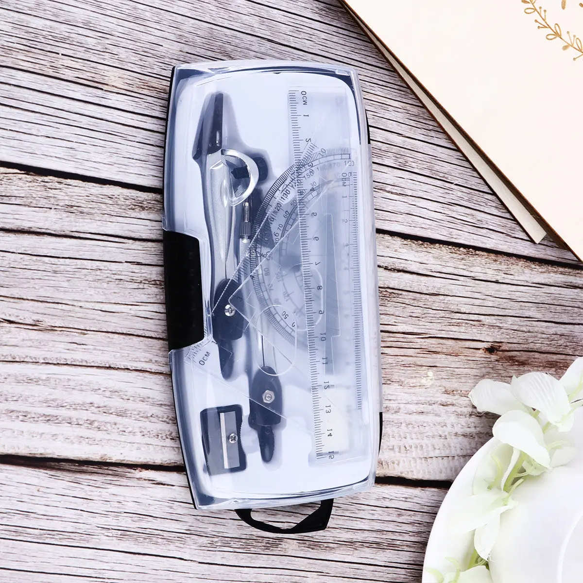 Metal Drawing Tool Ruler Set For Drawing Kit Compass Protractor Triangle Pencil Eraser Sharpener Students