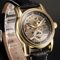 ORKINA Automatic Men Watch Self-wind Mechanical Fashion Casual Skeleton Luxury Black Gold Dial Leather Band Male Wristwatch Gift