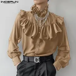 INCERUN Men's Shirts Solid Color Stand Collar Long Sleeve Button Casual Men Clothing Ruffle Streetwear 2024 Fashion Male Shirts