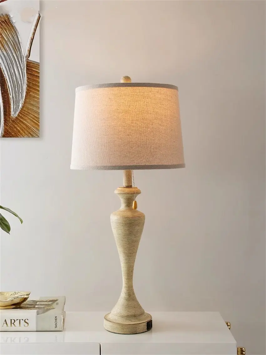 American linen lampshade table lamps retro living room cabinet decorative lamp French USB interface bedroom bedside table lights