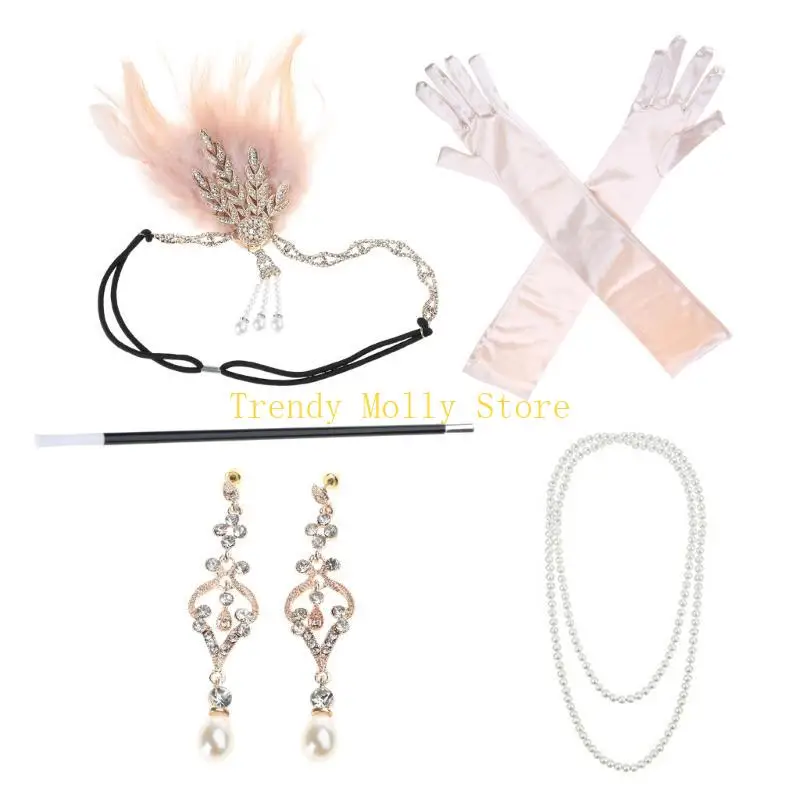 N5KB フラッパーアクセサリー レディース ギャツビー コスチューム イヤリング ヘッドバンド グローブ ネックレス